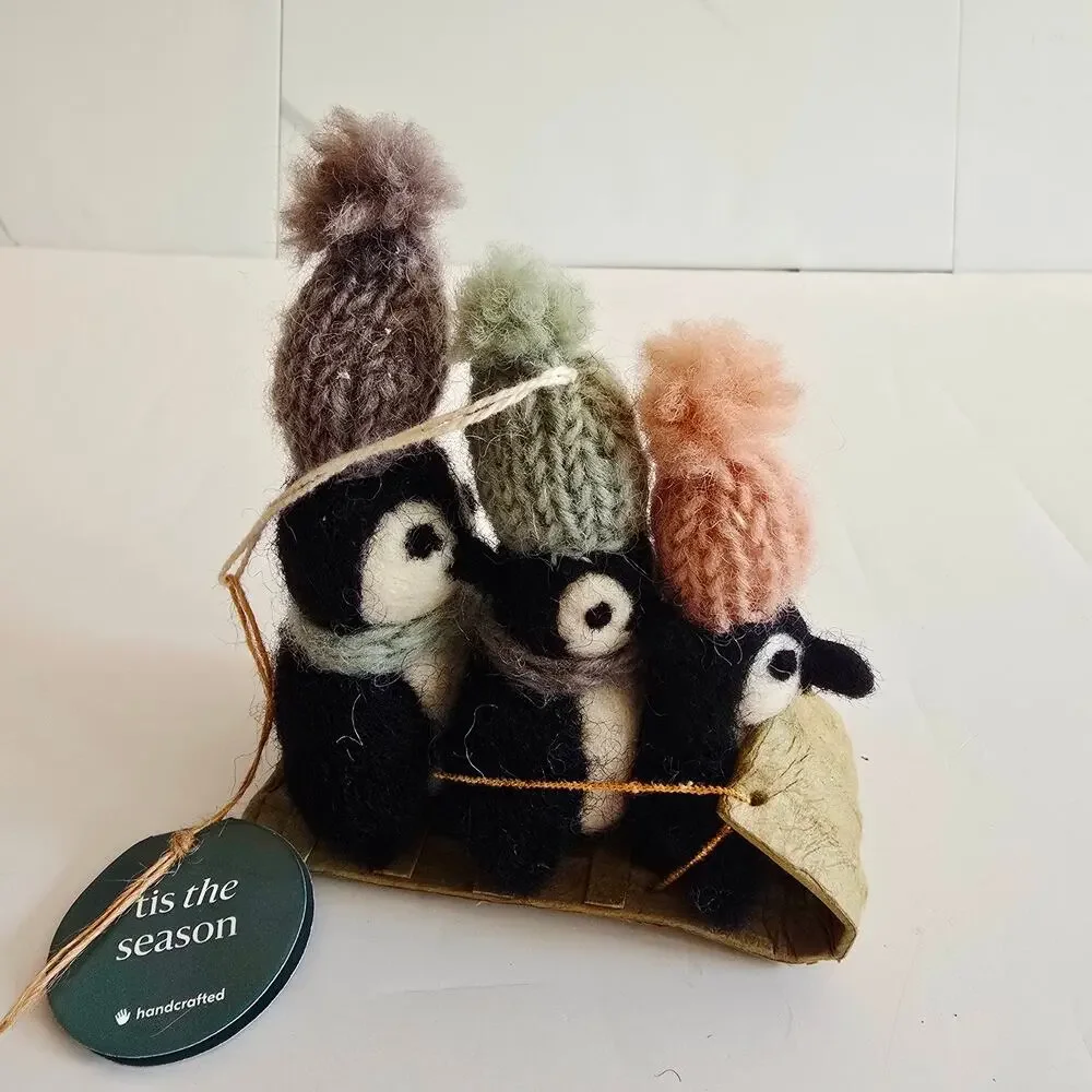 NWT West Elm Felted Penguin Sleigh Sled Fun Christmas Ornament